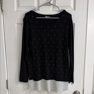 Only Black Long Sleeve Top with Rhinestone Dots and White Layered Hem